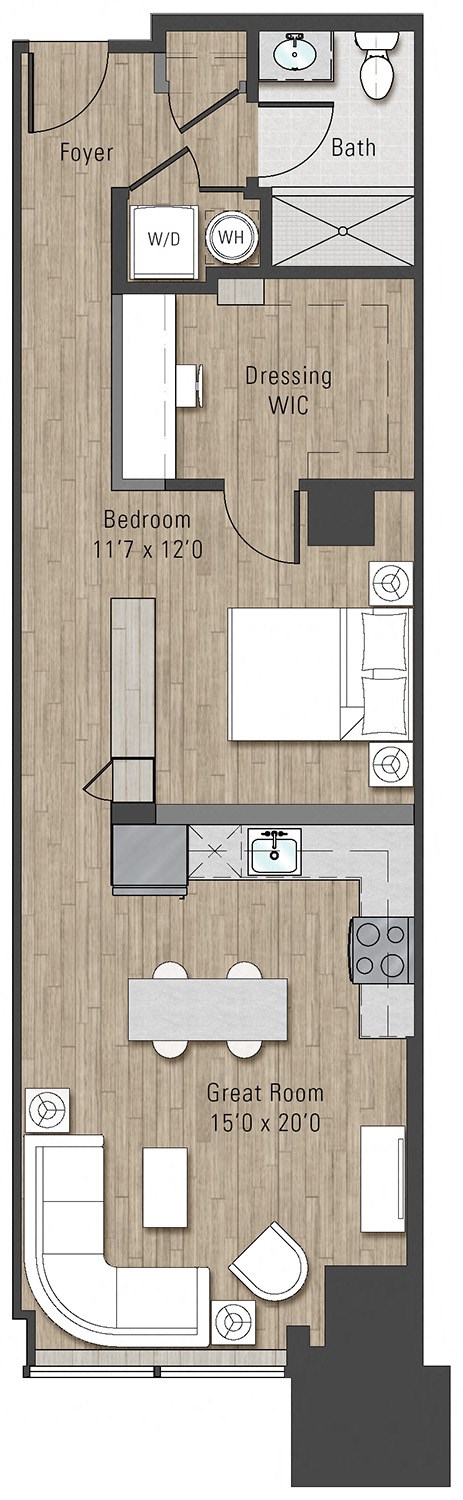 Floor plan for 1 bed, 1 bath, 790 sqft